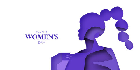 Abstract female profile silhouette. Dancing woman. Happy Women's day. Happy Mother's Day. Venera, Venus female concept paper cut style. Body positive. Violet, Purple. Very peri.