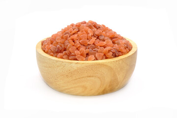 Fototapeta na wymiar Pink Himalayan salt in wooden bowl isolated on white background