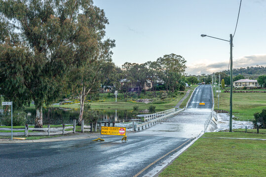 Australian Country Road Flooded With Road Closed Sign Visible