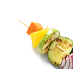 Skewer with vegetables on white background, closeup