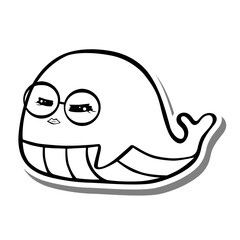 Cute cartoon Glasses Whale Monochrome. Doodle on white silhouette and gray shadow. Vector illustration about aquatic animals for any design.