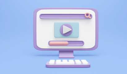 3D Rendering of computer desktop screen with search bar play button and loading icon on background concept of online learning video on internet. 3D render illustration cartoon style.