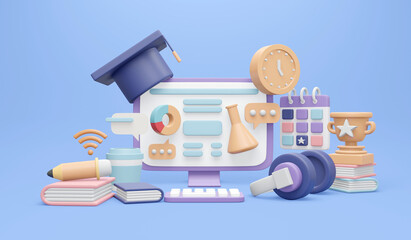 3D Rendering of computer with learning icons computer graduation hat headphone books pencil on background concept of online study. 3D render illustration cartoon style.
