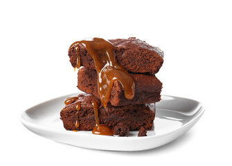 Plate with pieces of tasty chocolate brownie isolated on white background