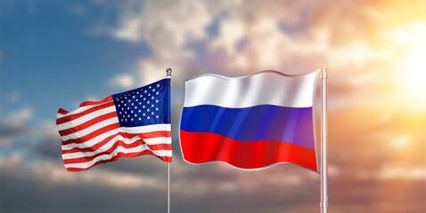us and russia relationship diplomasy, flags on sky background