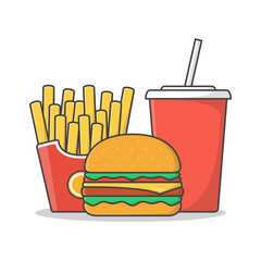 Fast Food Vector Icon Illustration. Burger with French Fries and Soda Flat Icon