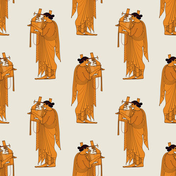 Seamless ethnic pattern with ancient Greek god Apollo playing lyre. Vase painting style. Orange and black silhouettes on white background.