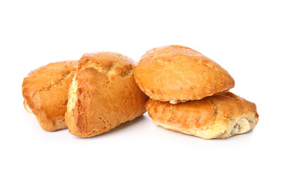 Tasty sochniki with cottage cheese on white background