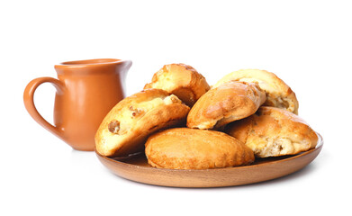 Plate of tasty sochniki with cottage cheese on white background