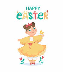 A little girl in an Easter chicken costume. Cute cartoon - style character . Easter card, congratulations on the holiday.