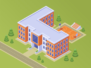 Isometric school or university building with basketball stadium on schoolyard, road, green lawn and trees. Educational modern campus for students, city low poly architecture 3d vector illustration