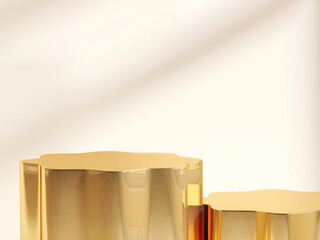 3D render 2 beautiful empty shiny golden round wavy stand podiums with blank beige wall in...