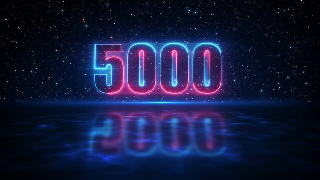 Futuristic Motion Red And Blue Number 5000 Display Neon Sign On Dark Blue Starry Sky Of The Space And Light Reflection On Water Surface Seamless Loop