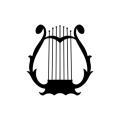 Musical instrument lyre on a white background. An ancient symbol of inspiration, a vintage image. Vector silhouette for the logo. The harp is a symbol of art - an icon for a logo or pictogram.