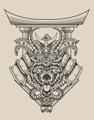 illustration wolf samurai head with monochrome style