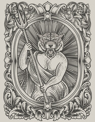 illustration demon tiger with engraving ornament frame
