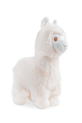 Fluffy furred soft toy of llama domesticated South American camelid animal standing and looking sideways with brown eyes and attentive ears isolated on white background with shadow