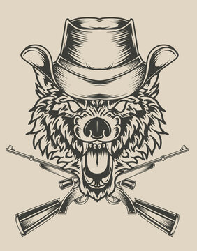 illustration wolf head with hat and two guns