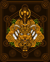 illustration cat samurai head with rose flower