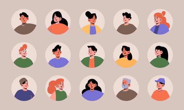 Avatars set with people face for social media or profile in app. Vector flat collection of men and women heads in circle frame, female and male characters portraits with different hairstyle