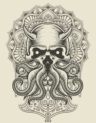 illustration octopus skull with mandala ornament