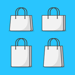 Set Of Paper Shopping Bag With Rope Handles Vector Icon Illustration. White Bag