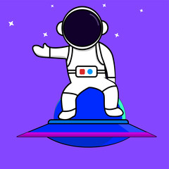 Cute Astronaut on the UFO, vector illustration, Science Technology Icon Concept Isolated Premium Vector. Flat Cartoon Style.