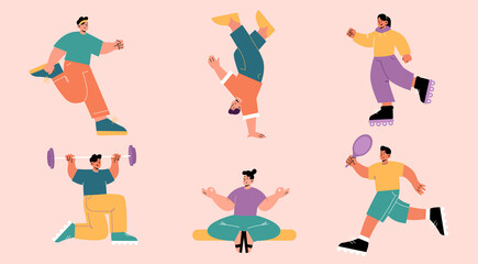 People doing sport exercises, yoga, jogging, breakdance and tennis. Vector flat set of healthy lifestyle, different activities and workout with men and women with rollers, barbell and racket