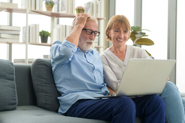 Happy Caucasian senior couple using laptop at home