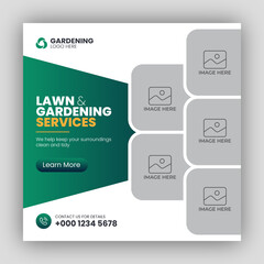 Social media post web banner template for lawn or gardening services