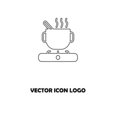 Pan with open cover on gas stove line icon, outline vector sign, linear style pictogram isolated on white. Boiling saucepan on kitchen stove symbol, logo illustration. Editable stroke