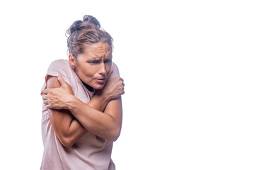 A freezing adult woman on a white background