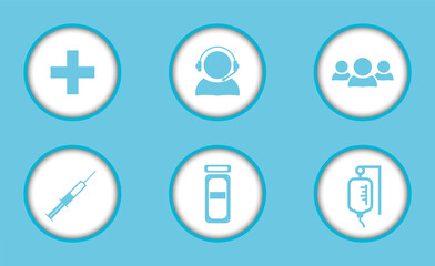 A set of round-shaped flat medical badges, dropper, customer support, vaccination.