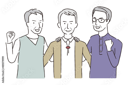 手書き線画カラーイラスト 3人の男性シニア ガッツポーズ 上半身 60 S Poster 60 Yoshidaakiko1223