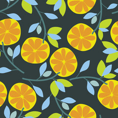 Dark blue with citrus orange fruit and leaves seamless pattern background design.