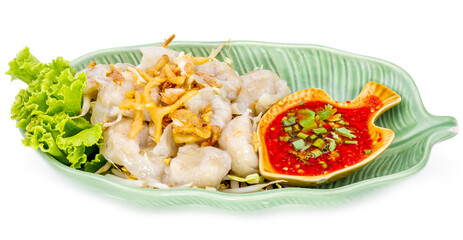 Fish dumpling with sauce on white plate, Thai food in thailand isolated over white background.