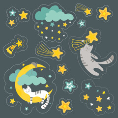 set of stickers with cats, moon, mouse and stars