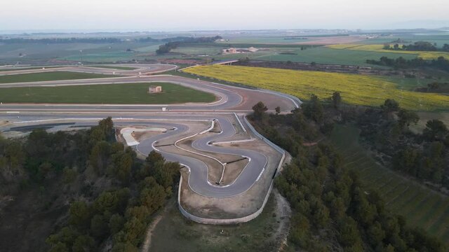 Aerial view over racing track. Morning sunrise in Alcarras, Spain.