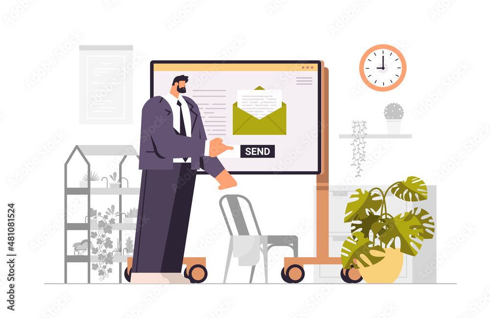 Poster businessman sending or receiving letters email inbox message notification new unread mail business c