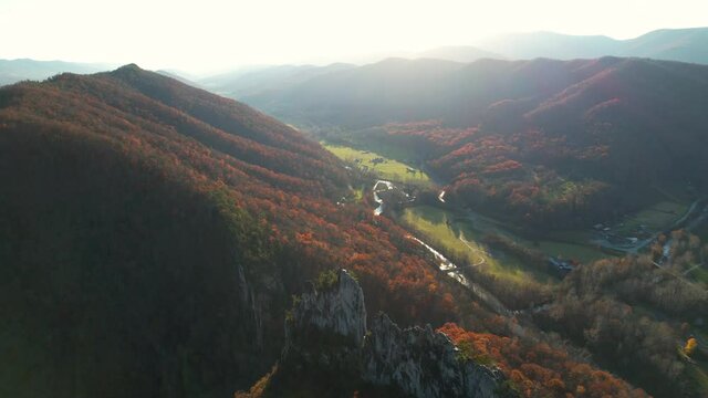 Seneca Rocks and Valley in Monongahela National Forest on Sunny Autumn Day, West Virginia USA, Drone Aerial View