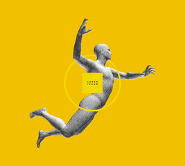 Leadership, freedom or development concept. Jumping man. 3D human body model. Design for sport. Vector illustration composed of particles.