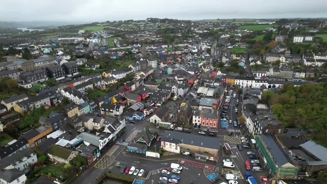 Kinsale, County Cork, Ireland. Aerial view, cityscape streets colorful buildings on cloudy autumn day - drone shot