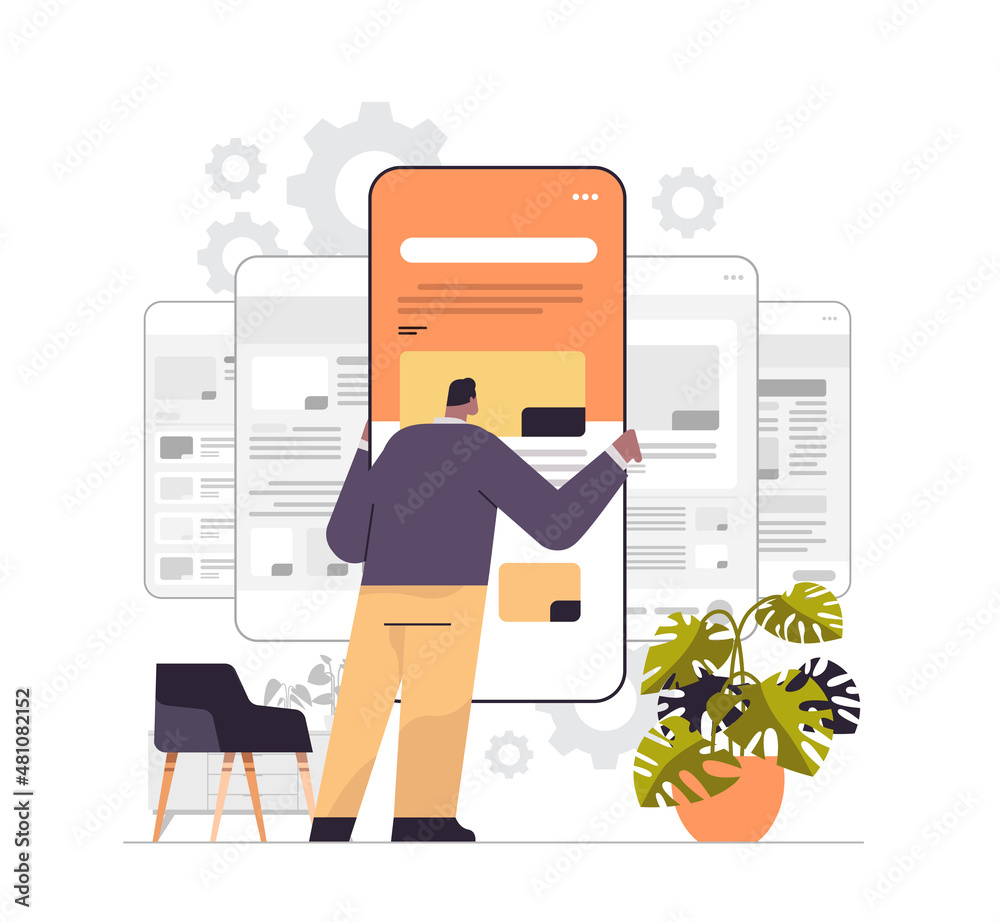 Poster man technician working on smartphone repairing mobile application setting option adjusting applicati