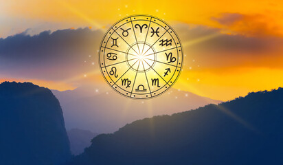 Zodiac signs inside of horoscope circle astrology and horoscopes concept - obrazy, fototapety, plakaty