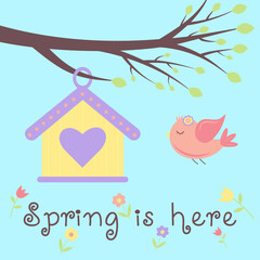 Greeting card with a birdhouse and flying bird. Text Spring is here. Perfect for greeting cards, sale badges, scrapbook, poster, cover, tag, invitation.