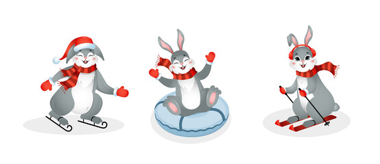 Cute bunny skiing, sledding, tubing, skating. Year of rabbit. Chinese New year 2023 symbol. Vector illustration in cartoon style. Design element for greeting cards, holiday banner, decor.
