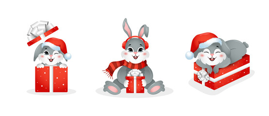 Fototapeta premium Christmas bunny in santa hat with gift boxes. Year of rabbit. Chinese New year 2023 symbol. Vector illustration in cartoon style. Design element for greeting cards, holiday banner, decor.