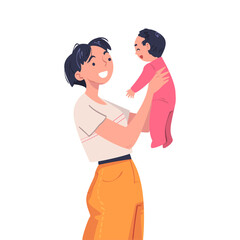Woman Character Holding Baby with Arms Nursing Him Vector Illustration