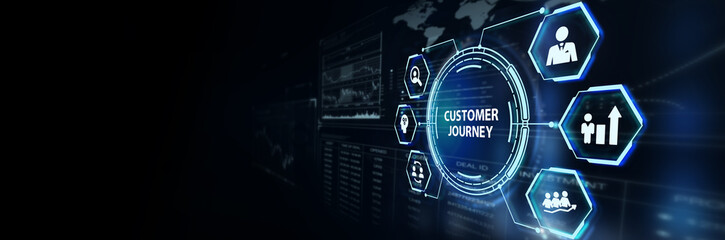  Inscription Customer journey on the virtual display. Business Technology Internet and network concept 3d illustration