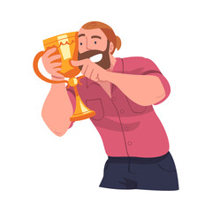 Bearded Man Winner Holding Golden Cup as Trophy and Award Vector Illustration